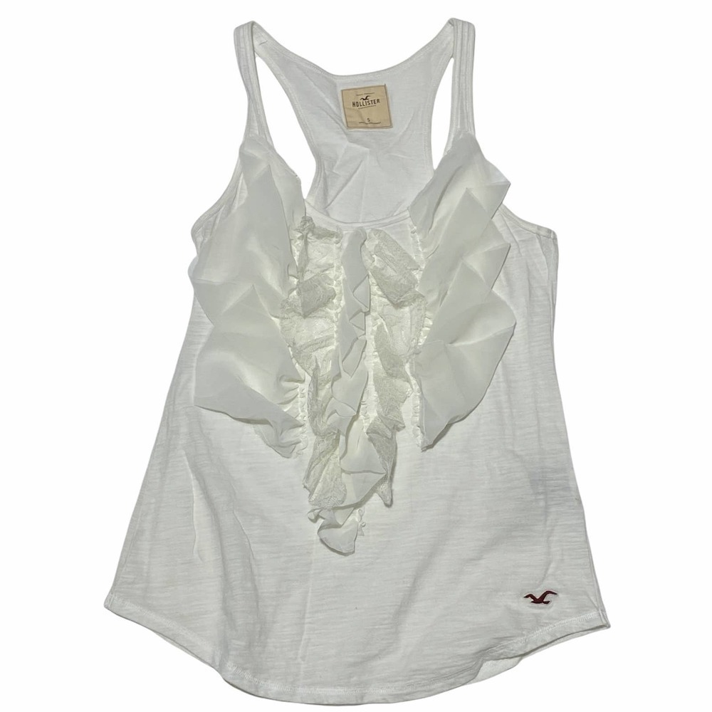 HOLLISTER Solid White Ruffled Front Sleeveless Burnout Racerback Tank Top - Picture 6 of 12